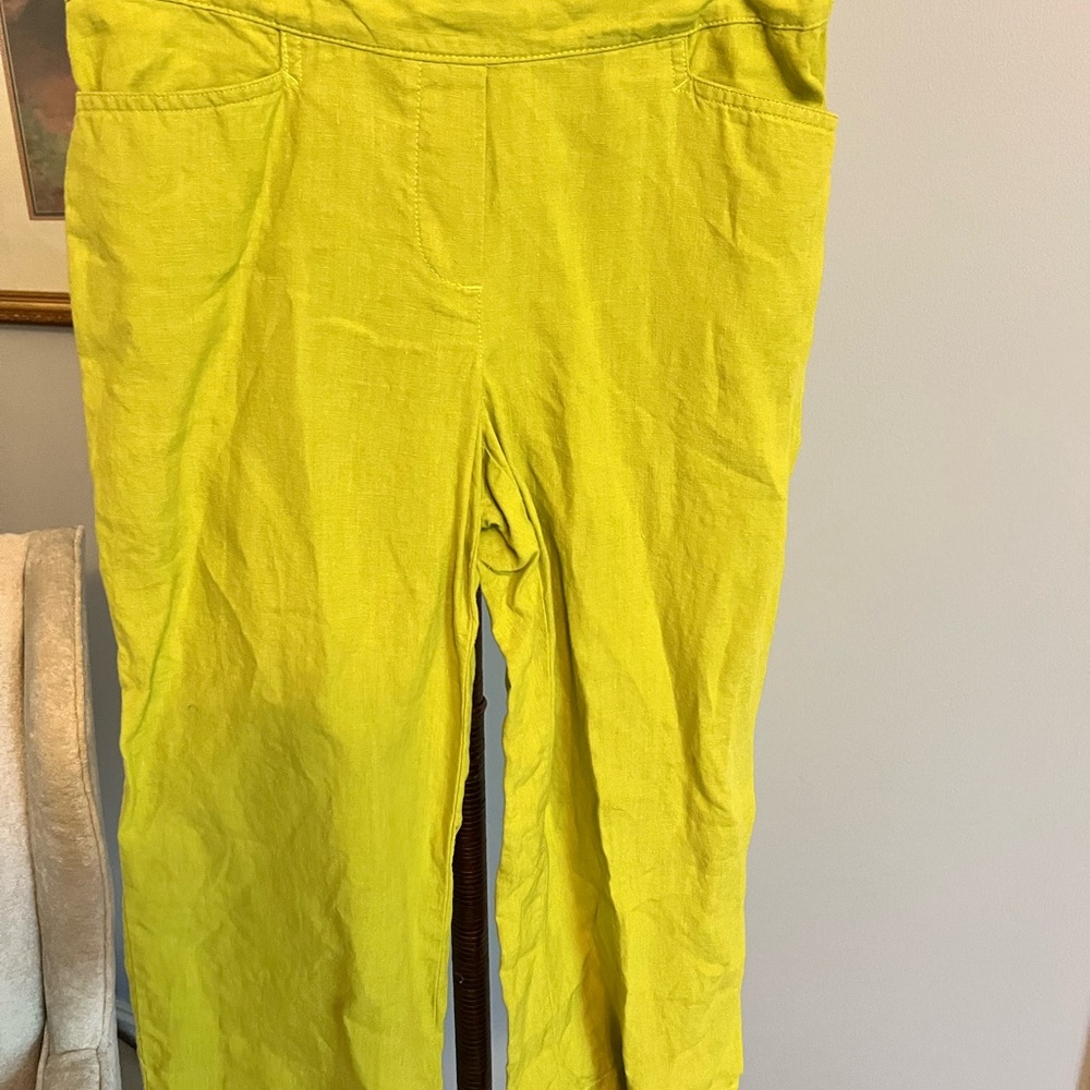 Jjill Love Linen Mustard Green Linen Wide Leg Crop. Side Zip. PS EUC